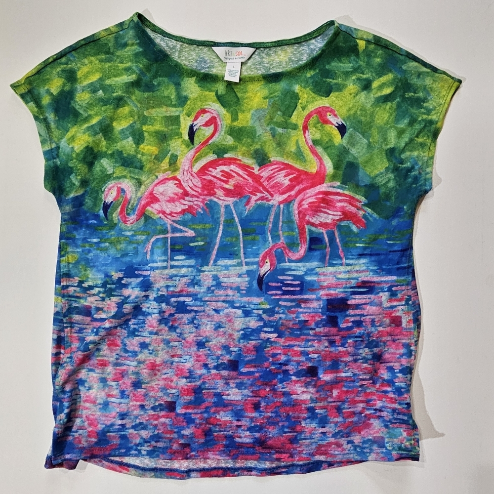 Art & Sol T-Shirt Womens Large Blue Green Pink Flamingo Print Art To Wear Top